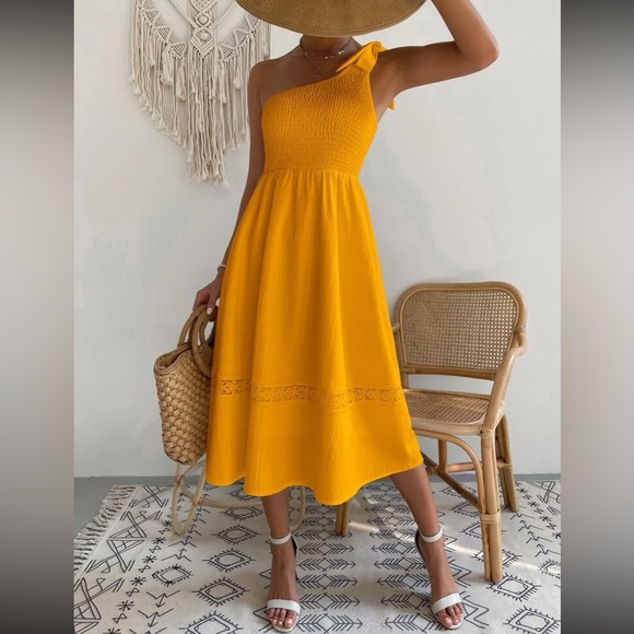 Boho tie one shoulder shoulder shirred lace insert dress - Picture 16 of 16